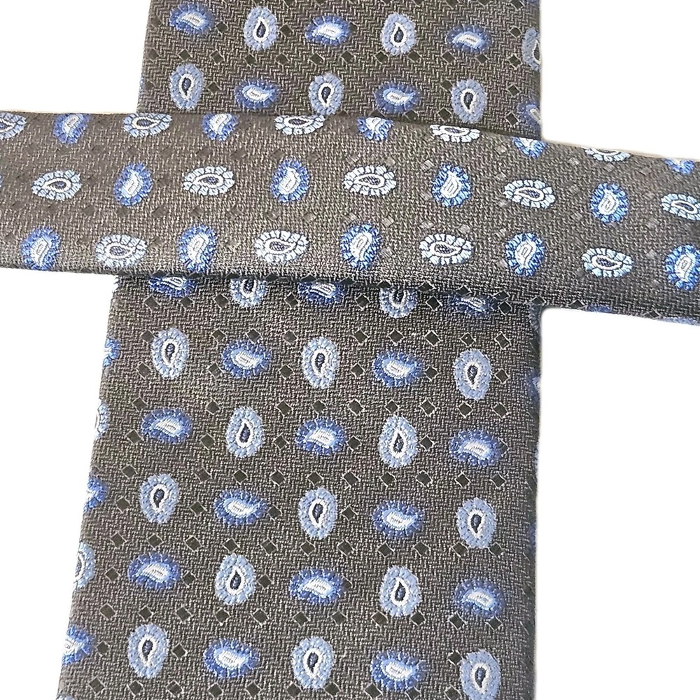 DAVID DONAHUE Tie 100% Silk PAISLEY Hand Woven In Italy Blue On Gray EUC